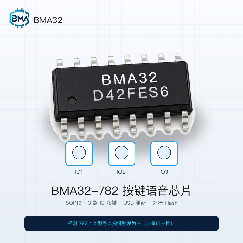 BMA32-782按键触发语音播放，3路IO控制USB下载语音